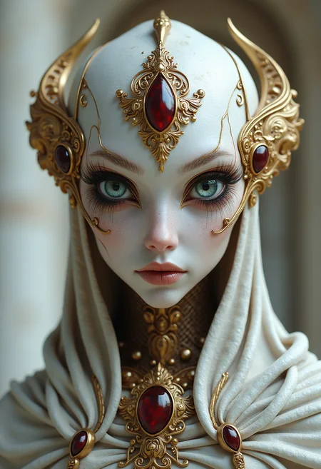 Upper body portrait, in the style of dark white and light bronze, gold filigree, fierce alien priest on an alien planet, adorned with garnet and bloodstone gemstones, standing in ancient white marble temple, by Brian Froud and Heather Theurer, extremely detailed head and face, very realistic and symmetrical eyes, (eye contact with viewer), hyper detailed, hyper quality, artstation award winner, Epic realism, meticulous masterpiece