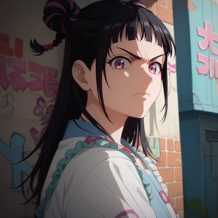 <lora:SlimesMahoro:1>, score_9, score_8_up, score_7_up, slimes_mahoro, woman, solo, portrait, black hair, graffiti alley background, looking at viewer, angry expression