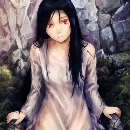 ((masterpiece)),(best quality), absurdres,sadako_yamamura,red eyes, white dress,<lora:Sadakobest:0.8>,  <lora:yoshitoshiAbeStyle_yoshitoshiAbeStyle10:0.8>,