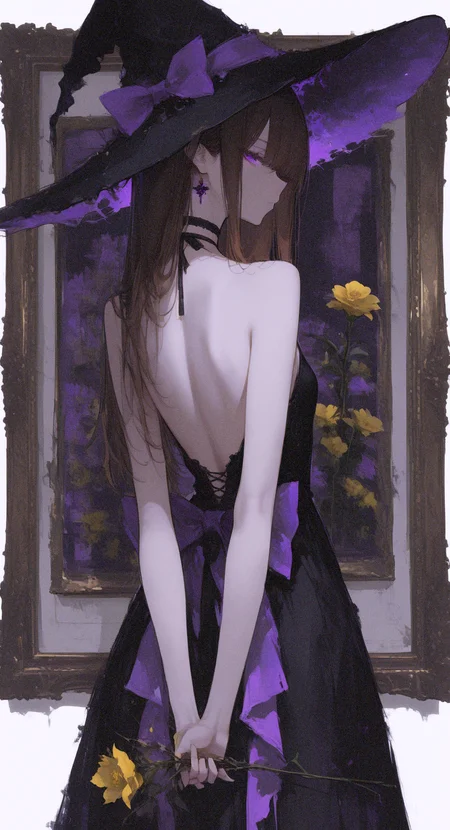 masterpiece, best quality, good quality, newest, highres, absurdres, 1girl, solo, long hair, looking at viewer, brown hair, dress, hat, holding, bow, bare shoulders, purple eyes, flower, cowboy shot, choker, looking back, from behind, black dress, black headwear, bare arms, black choker, witch hat, back, arms behind back, multicolored clothes, arm behind back, purple bow, yellow flower, backless outfit, holding flower, back bow, witch, bare back, backless dress, picture frame, painting \(object\), back focus, Cinematic Lighting, <lora:illustriousXL_stabilizer_v1.23:0.3> <lora:NOOB_vp1_detailer_by_volnovik_v1:0.3> <lora:ponyv6_noobE11_2_adamW-000017:0.3> <lora:r17329_illuu:0.7> <lora:XXX667:0.5> <lora:gs_style_ilxl_v1:0.7>