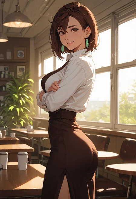 masterpiece,best quality, highly detailed, score_9, score_8_up, score_7_up, score_6_up, hyperrealistic,
 BREAK
 1girl, (((Momo Ayase, brown hair, medium hair, brown eyes, butt, slender, full breasts, thick thighs, sexy, adult, ))),  (((sexy pose, closeup, focus on face, waist up photo, portrait)),
, (((long sleeved shirt,, midriff, long skirt, tight skirt at hips, view from knees up, view from side, looking at viewer,, shy smile)))
(((Standing, by table,  , cute, cafe ))),, coffee shop, morning, by window, (((sexy setting,view from side, sunlight on body romantic, hidden))); , , vibrant colors, soft focus, textured surfaces, depth of field, dim, rich details,,background, (((solo)))