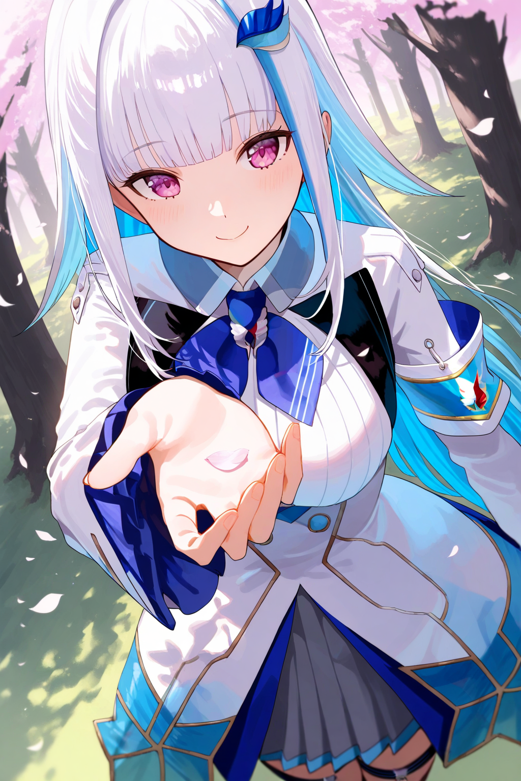 masterpiece, high score, great score, absurdres,
(perspective:1.3), (sunlight), depth of field,
1girl, solo, close-up, dutch angle, from above,
lize helesta,
lize helesta 1st costume,
virtual youtuber,
long hair, blunt bangs, multicolored hair, blue hair,
hair flaps, sidelocks,
feather hair ornament,
purple eyes, smile,
white jacket, buttons, double-breasted, 
collared shirt, ascot,
reaching out,
arm at side, out of frame,
long sleeves, frilled sleeves, armband,
pleated skirt, grey skirt, 
spring, forest, petals,
<lora:kp_LizeHelestaAnimagineXL_v1:1.0>