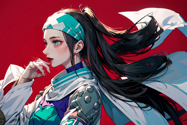 highly insanely detailed, masterpiece, top quality, best quality, highres, 4k, 8k, RAW photo, (very aesthetic, beautiful and aesthetic),  
beth_\(megami_tensei\),bethsmtii,shin megami tensei ii,long hair,black hair,straight hair,sleek black,jewelry,cross,headband,red_lipstick,Tokyo_Millennium,post-apocalyptic_city,dystopian_world,Valhalla,Entertainment_district,Order_of_Messiah,Religious_order,messianic_cult,divine_rulers,Millennium_News_Network,City_news,propaganda_broadcasts,information_contro,Great_Cataclysm,World_ending_event,apocalyptic_disaster,city_rebirt, 
<lora:zs_Beth:1>, 
(1girl:1.3), 1other, 
(pure red background,transparent background:1.2),âââ