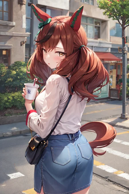 masterpiece, best quality,
nice nature \(umamusume\),
holding disposal cup, street, looking back,
casual, ear covers, long sleeves, wide sleeves, white shirt, red shirt stuck in skirt, denim skirt, long skirt,handbag, shoulder bag,
<lora:nice_nature_loha:0.8>