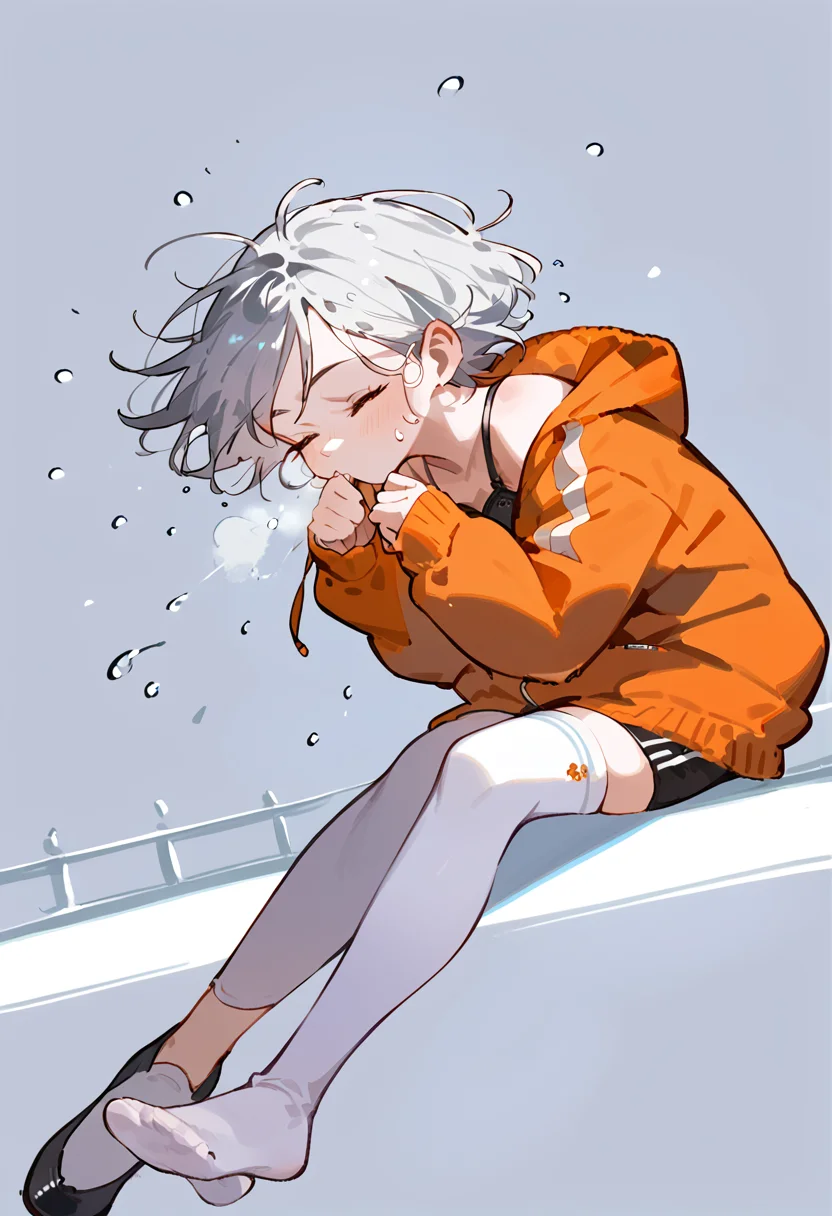 score_9, score_8_up, score_7_up, score_6_up, score_5_up, score_4_up, (sneezing:1.1), (sneeze:1.1), chin down, closed eyes, 1girl, (digital artwork), droplets, cold breath, (gorgeous beautiful) female athletic girl in city, short grey hair, stockings, orange jacket, red bap, cheerful, arms together <lora:achuu-v1.0_90_epochs:1>