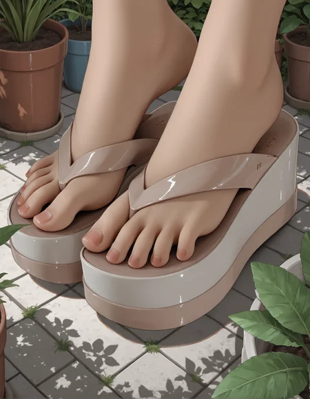 masterpiece, best quality,
(mlsa flip flops), (platform footwear:1.2),
feet only, foot shot, foot focus,
from side, from above, (tiptoe:1.2), (spread toes),
1girl,
gardening, plants, plant pots, outdoors, dappled sunlight,