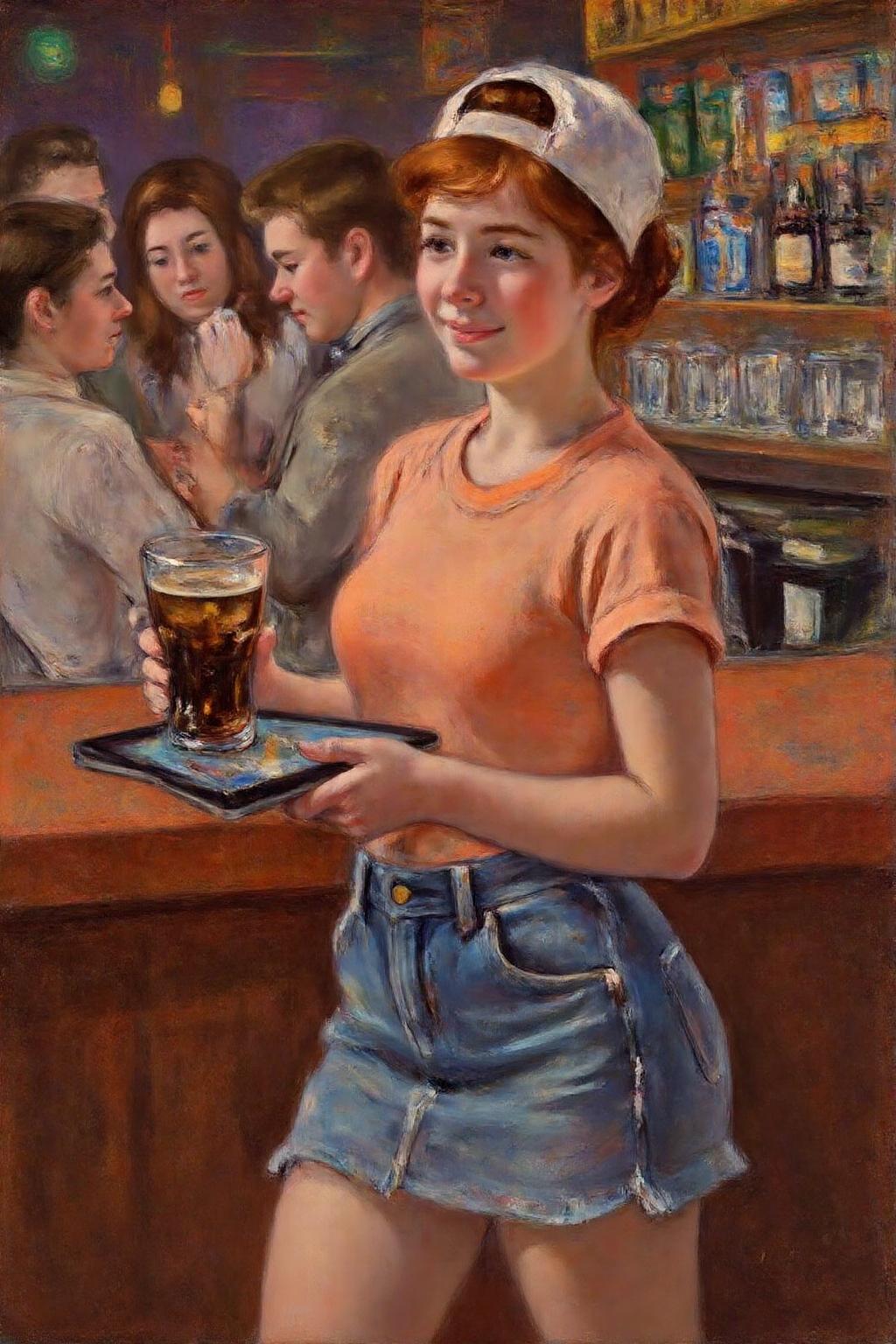 marycassatt1 painting.
The air buzzes with the energy of a busy bar, a mix of music, conversation, and the clinking of glasses. A barmaid, the embodiment of youthful vibrancy, navigates the lively scene. She wears a peach-coloured T-shirt, the soft fabric contrasting with the smooth, cold glass of coke she carries on a small tablet. Her short skirt adds a playful touch, and a backwards baseball cap hints at a carefree attitude. The setting and atmosphere are palpable: the warm, slightly sticky surface of the bar counter under her fingertips, the dim, colourful lighting that casts playful shadows. Sensory details are abundant: the condensation forming on the glass of coke, the texture of her denim skirt, and the way the bar lights catch the highlights in her hair. Her confident stride, her quick smile, and her efficient movements. Stylistically, the image draws inspiration from the vibrant, candid shots of nightlife photographers, with a touch of the stylized realism found in contemporary illustration. There's a deliberate contrast between the barmaid's youthful energy and the slightly worn, lived-in atmosphere of the bar, creating a dynamic and engaging image.
 <lora:marycassatt1_cap_d6a3e17:1.0><lora:833902999274322681:0>