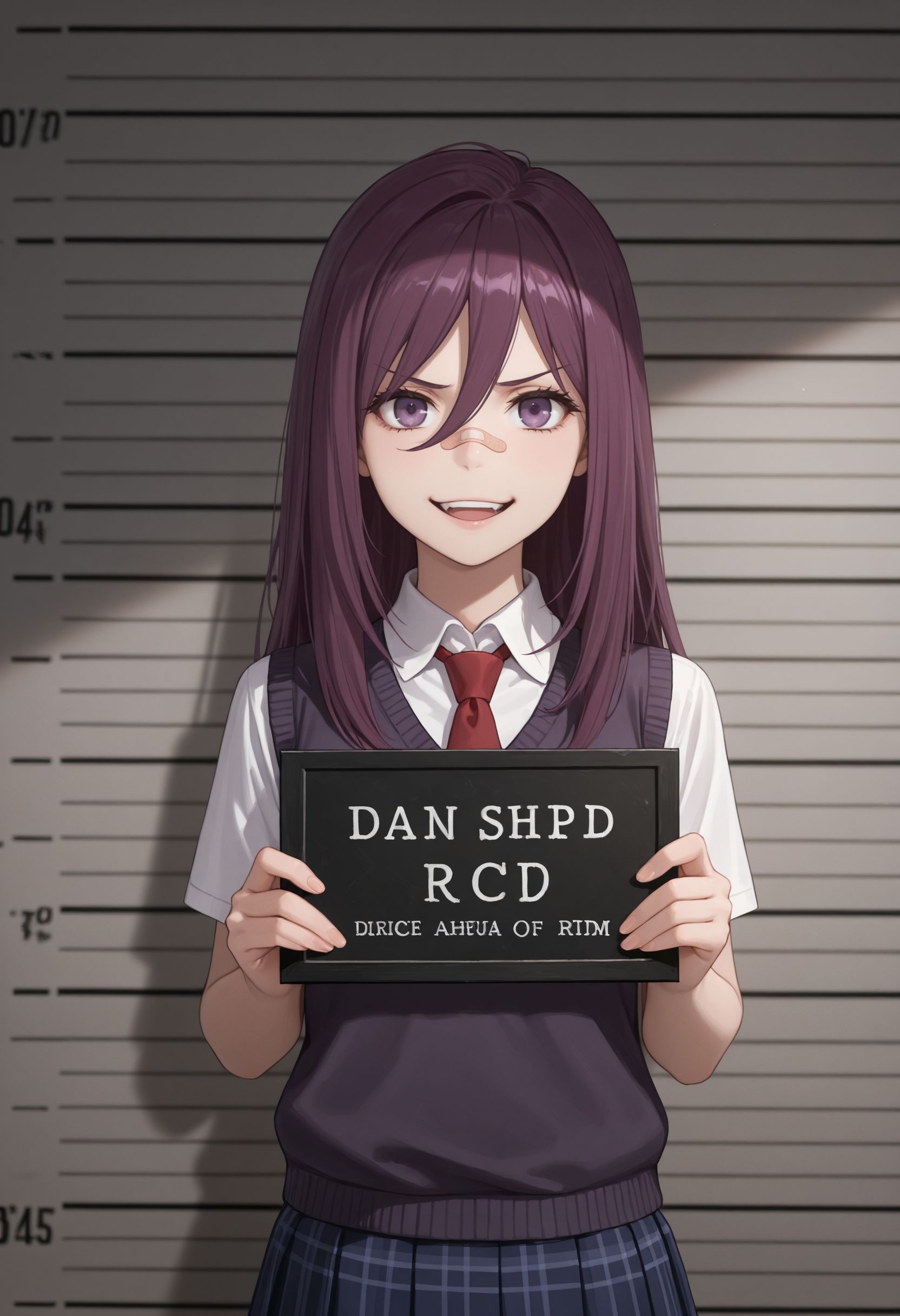 masterpiece,best quality,absurdres,highres,very aesthetic,high quality,detailed,insanely detailed,beautiful,perfect lighting, ,depth of field,blurry background,bokeh, looking at viewer, 
very aesthetic, , very awa  ,  annoyed face, volumetric lighting, dim background, mugshot, holding sign, <lora:Mitori Kouzaku illu V2:1> 1girl, long hair, purple hair, hair between eyes, purple eyes, bandaid on face, bandaid on nose, open mouth, smile, looking at viewer, sweater vest, white shirt, collared shirt, short sleeves, red necktie, plaid skirt, pleated skirt, blue skirt, 1girl, red necktie, purple hair, purple eyes, long hair