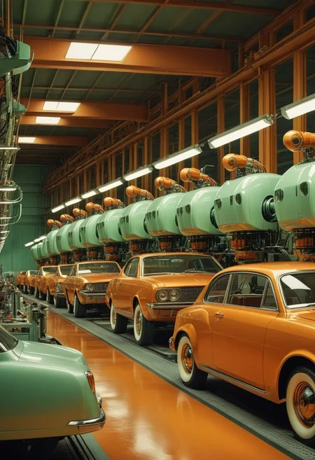 A retro-futurist factory assembly line with robot workers finishing up the work at assembly line for cars, car manufacturing factory, a line of semi-manufactured cars, orange hues, minty tones,
robot, robotics,
