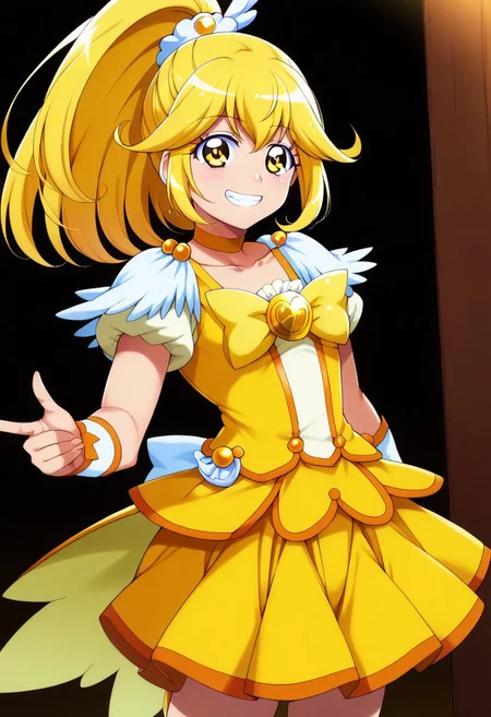 (zPDXL3), 
(zPDXLxxx), 
aiueoka,
cowboy shot, 
1girl, 
solo, 
magical girl, 
smile precure!, 
curepeace, 
blonde hair, 
wide ponytail, 
yellow bow, 
yellow choker, 
yellow eyes, 
yellow shorts, 
yellow skirt, 
yellow theme, 
pose,