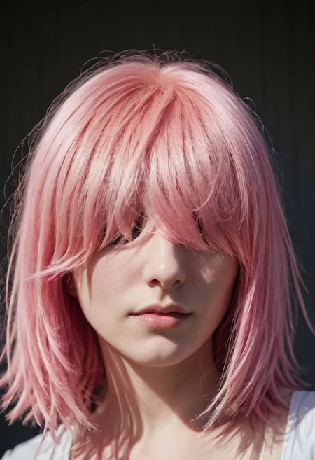 closeup portrait, Surreal, amazing quality, masterpiece, best quality, awesome, inspiring, a woman with pink hair over her eyes, hair completely covers her face. cinematic composition, soft shadows, national geographic style
