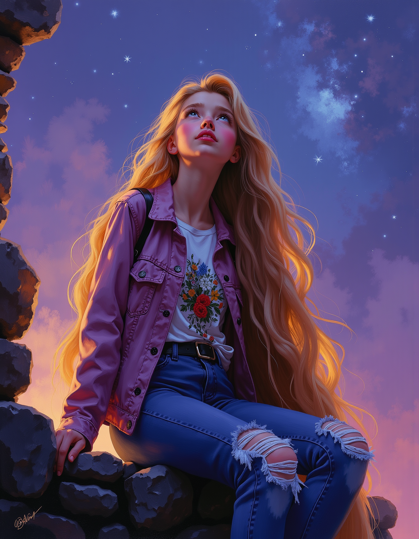 oil painting of a masterpiece, a young teen Rapunzel, depicted with modern street-style clothing, sits casually on a rugged stone wall amidst a dreamy twilight scene. Her outfit consists of ripped jeans, a graphic T-shirt, and a light jacket that falls loosely around her shoulders. Her iconic, long golden 70 foot long hair cascades down the side of the wall. Her face is a pale, almost translucent white, with lips painted a vivid red. Rapunzel gazes thoughtfully upward at a star-strewn sky, painted in shades of deep purple and blue with faint hints of amber from the setting sun. The scene radiates a blend of tranquility and wonder, with soft, glowing lights subtly illuminating her face and the nearby environment.Her body is skinny and petite. Masterpiece, intricate lines, intriguing atmosphere, sharp magnificent details, oil painting, delicate features, elaborate details, (2\3 rule composition:0.5), ultra detailed, romantic, Rembrandt lighting, brush stroke, lovely, del1cate_balance style, novuschroma, in the style of Rembrandt. vantablack <lora:style_of_Rembrandt_FLUX_135:.8> <lora:- Flux1 - vanta_black_V2.0:.3> <lora:Delicate_Balance:.3> <lora:neeeg_f1:-1> <lora:113_novuschromaFLX_1:.2>