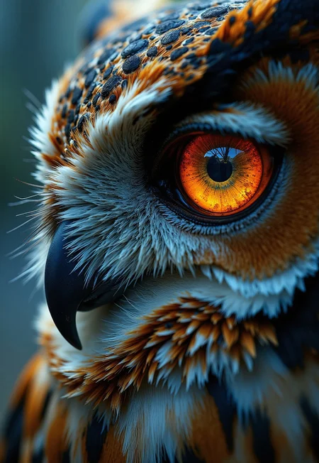 A highly detailed cinematic photography.
Photography art by Adam Martinakis, Goro Fujita and Filip Hodas, a close up image of the face of an owl, the reflection on the eyes shows a netherworld, Surrealism, digital manipulation, ethereal landscapes, Concept art, VR painting, imaginative worlds, whimsical characters, digital illustration, Sci-fi digital art, dystopian landscapes, surreal compositions, vibrant colors, dynamic dramatic atmosphere, dynamic cinematic color, flowing, best, unique.