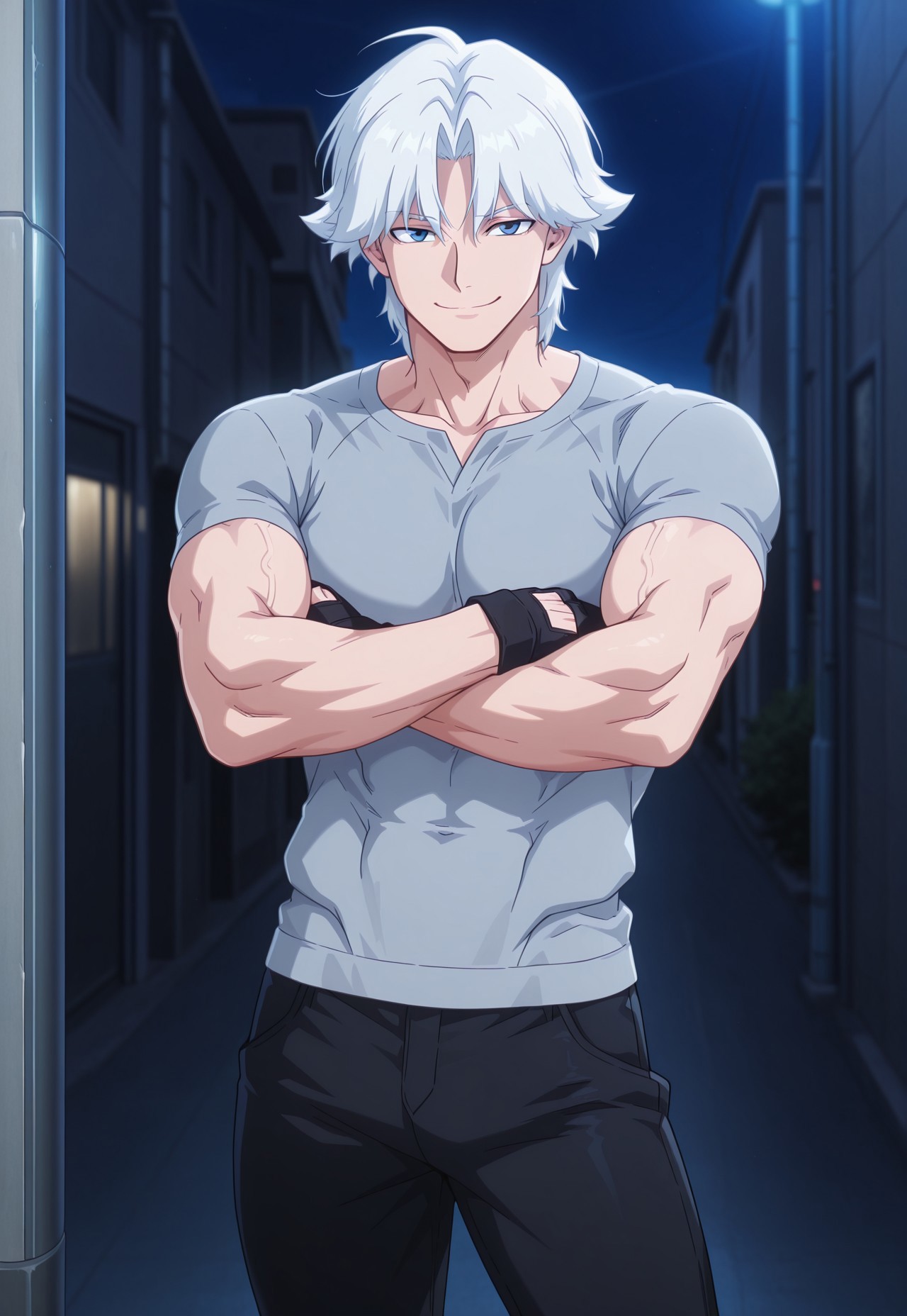 dbstyle, masterpiece, best quality, hyper-Detailed, portrait style, 1man, solo, male focus, alone, detailed, Dante ((fit body, fair skin, medium white hair, hair between eyes, detailed blue eyes, athletic body, slim muscular biceps, slim muscular thighs,)), ((wearing a grey shirt, black fingerless gloves, black jeans pants)), looking at the viewer, smiling, arms crossed in front of his body, standing outside, night