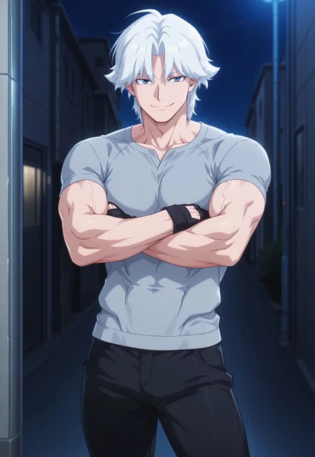 dbstyle, masterpiece, best quality, hyper-Detailed, portrait style, 1man, solo, male focus, alone, detailed, Dante ((fit body, fair skin, medium white hair, hair between eyes, detailed blue eyes, athletic body, slim muscular biceps, slim muscular thighs,)), ((wearing a grey shirt, black fingerless gloves, black jeans pants)), looking at the viewer, smiling, arms crossed in front of his body, standing outside, night