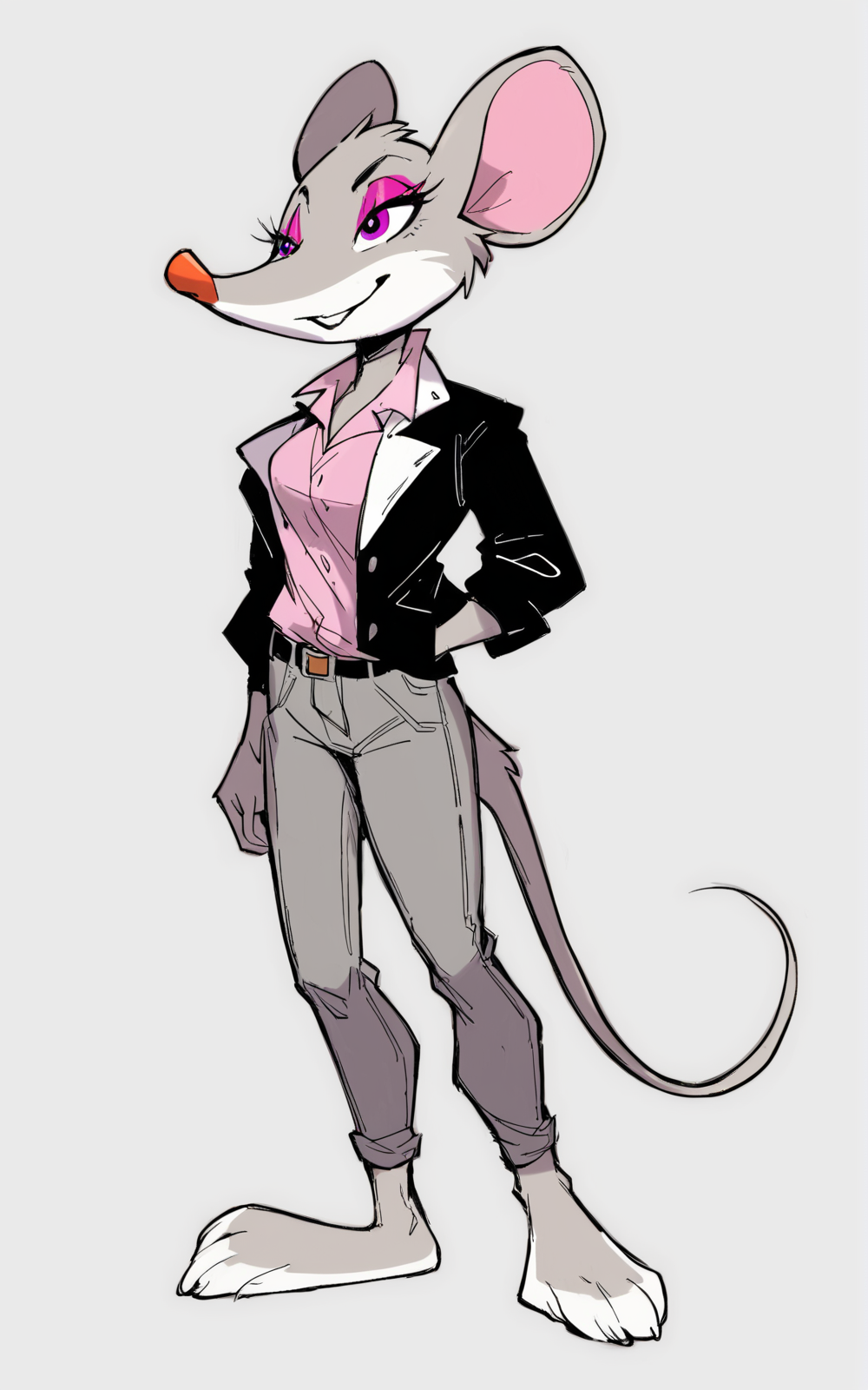 score_9, score_8_up, score_7_up,((best quality)), absurdres,((full body)),  <lora:3d-2d:0.8>,   <lora:TheaStiltonPXL:0.8>,TheaStiltonPXL,tail, makeup, mouse tail,eyeshadow, mouse ears, body fur,grey fur, purple eyes, animal nose, furry female, animal ears, barefoot,shirt, pink collared shirt, black jacket, jacket, pants, grey pants, open jacket,white background,slim