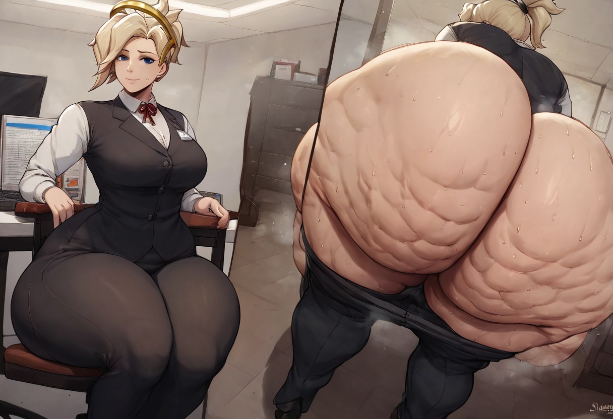 score_9, score_8_up, score_7_up, score_6_up, score_5_up, score_4_up, rating_explicit, , 1girl, ,thick thighs, big ass, sitting down, sitting on chair, ass hanging over chair, lower angle, POV, looking at viewer, smiling, wide hips, Mercy from overwatch, blonde hair, high ponytail, blue eyes, dump truck ass, darkened ass crack, dark butt crack, inside office , night time, professional lighting, large breasts, fat breasts, huge fat legs, sweaty, sweat stains, orange and black bodysuit, bare ass, hyper ass cheeks, pants down half way, black pants, ass cleavage, overflowing ass, huge fat legs, thunder thighs, cellulite ass, overflowing ass, pants half way down cheeks, bbw