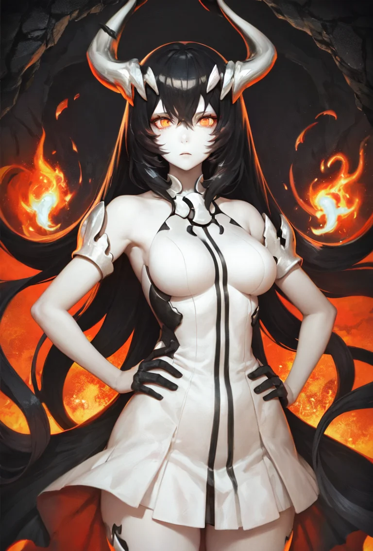 best illustration, digital painting, cave, stalactites, jagged rocks, anchorage water oni, hands on hips, 1girl, abyssal ship, black hair, breasts, colored skin, horns, long hair, orange eyes, pale skin, bare shoulders, (double vertical stripes white dress:1.1), black skirt, overskirt, legs, <lora:Anchorage Water Oni-2:0.85>