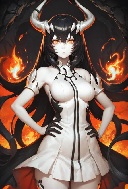 best illustration, digital painting, cave, stalactites, jagged rocks, anchorage water oni, hands on hips, 1girl, abyssal ship, black hair, breasts, colored skin, horns, long hair, orange eyes, pale skin, bare shoulders, (double vertical stripes white dress:1.1), black skirt, overskirt, legs, <lora:Anchorage Water Oni-2:0.85>