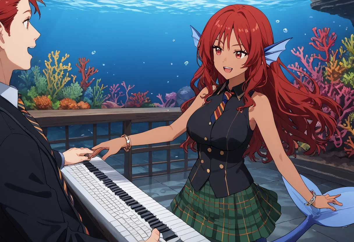 score_9, score_8_up, score_7_up, score_6_up, high resolution, gorgeous, absurdres, best quality, anime screencap, source_anime, Expressiveh, 1girl, Venus Lee, monster girl, mermaid, mermaid tail, head fins, red hair, long hair, red eyes, dark-skinned female, blue tail, large breasts, green skirt, plaid skirt, black vest, striped tie, tophat, bracelets, holding instrument, keyboard, underwater, coral reef, smile, playing, open mouth