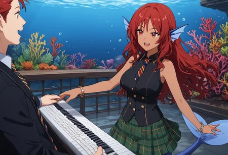 score_9, score_8_up, score_7_up, score_6_up, high resolution, gorgeous, absurdres, best quality, anime screencap, source_anime, Expressiveh, 1girl, Venus Lee, monster girl, mermaid, mermaid tail, head fins, red hair, long hair, red eyes, dark-skinned female, blue tail, large breasts, green skirt, plaid skirt, black vest, striped tie, tophat, bracelets, holding instrument, keyboard, underwater, coral reef, smile, playing, open mouth