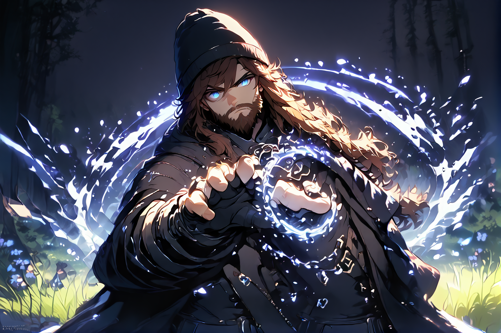 (zPDXL3) , character focus, solo, , best quality , detailed background, very aesthetic, absurdres, <lora:SpellBindPony:1.2> white spell bind  <lora:Glowing_light:1> gl, (( forest at night, night woods, black forest, black grass, black trees, black sky, black background,))  <lora:jeezo:1> jeezo, male focus, solo, alone, facial hair, beard, brown hair, long hair, beanie, black fingerless gloves, long  jacket, black headwear, black jacket, long sleeves, , Bandolier,, stretching arm to side, pointing to side, looking at side,   full body, cowboyshot,    <lora:dark_v1.9-pony:1.2> dark theme, dim lighting, black theme, dark background
