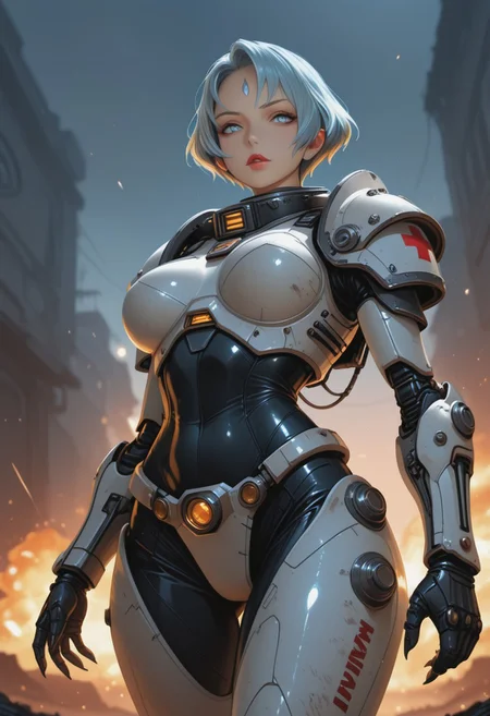 ultra realistic, masterpiece, high detailed skin, best quality, high res, very aesthetic, anime style, studio anime, source_ecchi, anime, (finely detailed face), (petite body:1.3), <lora:Majin_Kesselring_2_nai-000055:1>,Majin Kesselring, blue forehead jewel, sharp fingernails, eyelashes, large breasts, makeup, smokyeyes, mascara, puffy lips, glossy red lipstick, cinematic film still of a female combat-medic (space-marine:1.4), heavy white armor with red cross symbol and the words "medic", (motion-blur:1.4), running through a battlefield, explosions, tracer-shots, warhammer 40000, sci-fi, futuristic, dystopian future, technology, in the style of michael bay, in the style of zack snyder, in the style of christopher nolan, epic. orange & teal tones, shallow depth of field, vignette, highly detailed, high budget Hollywood movie, bokeh, cinemascope, moody, epic, gorgeous, film grain, grainy, foreshortening, lascivious pose, creating a peaceful and tranquil atmosphere, (blurry background, depth of field:1.1), dynamic dutch angle, bright colors, stunningly artwork, close-up cowboy shot from below,