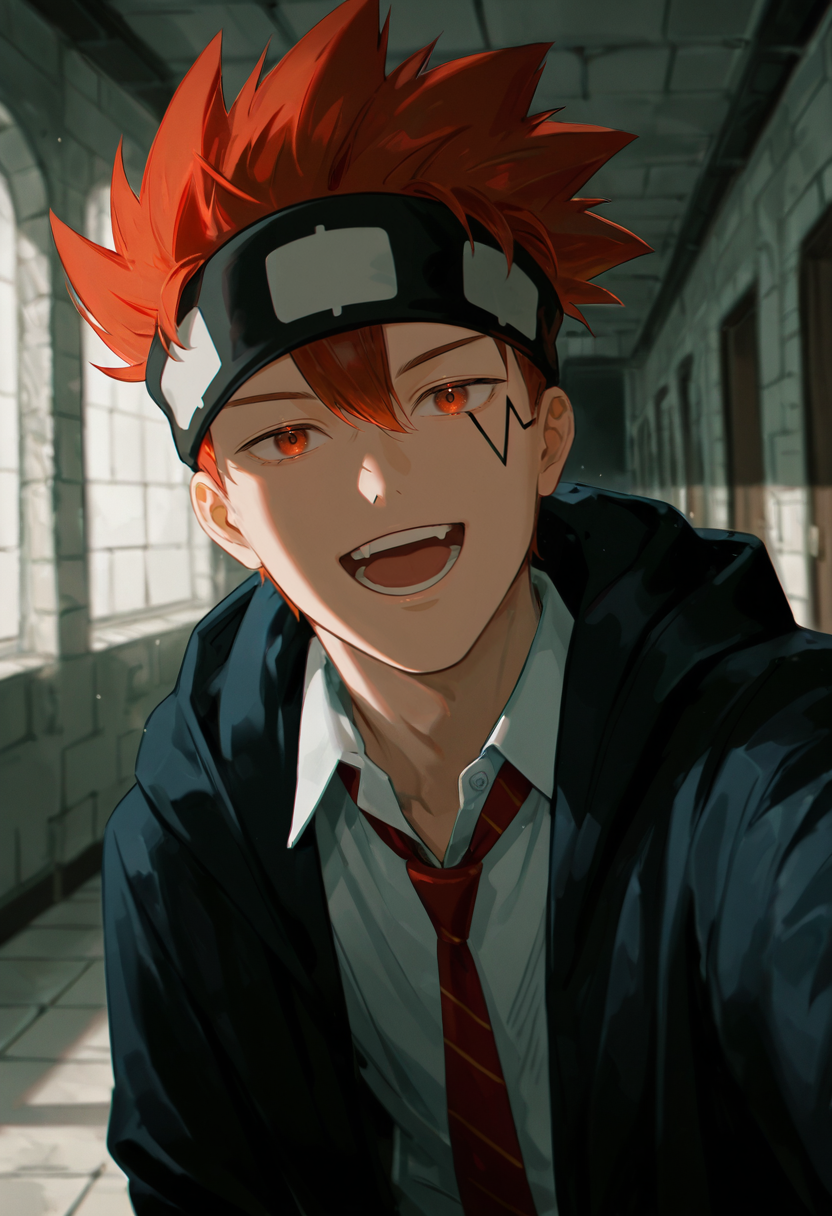 masterpiece, best quality, amazing quality, very aesthetic, absurdres, newest, detailed background, d0t3, 1boy, male focus, solo, red hair, red eyes, spiked hair, upper body, facial tattoo, headband, black cloak, white collared shirt, necktie, selfie, open mouth, wide smile, dormitory, hallway
