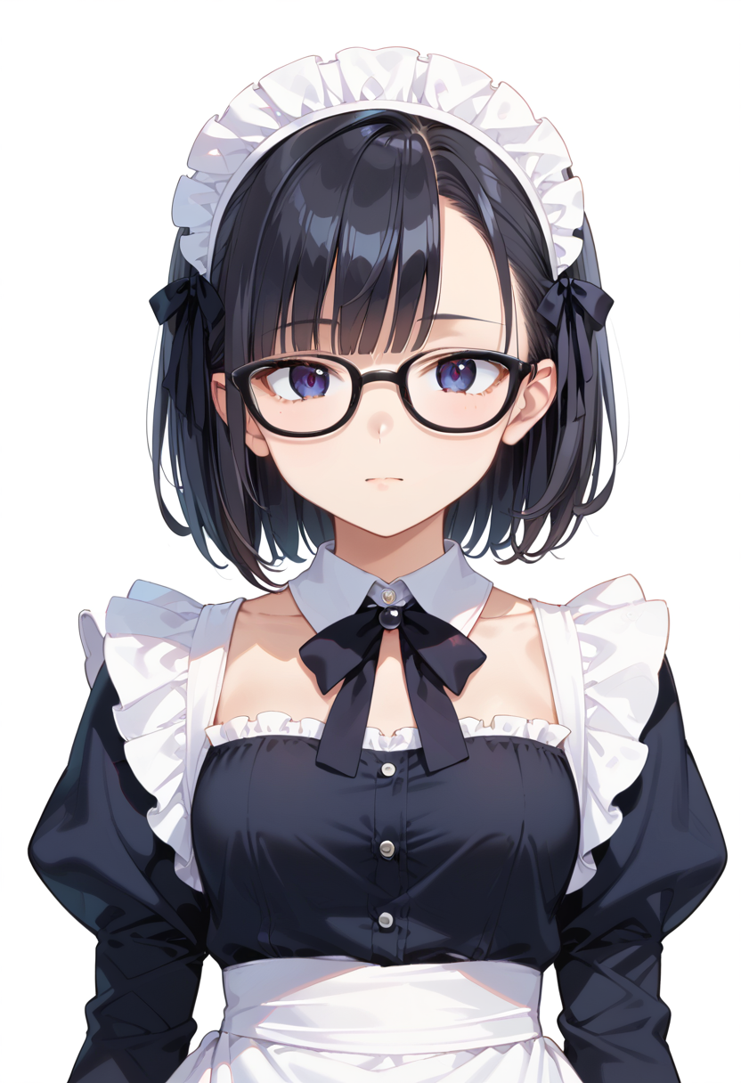 score_9, score_8_up, score_7_up, rating_safe, masterpiece, best quality, absurdres, unity 8k wallpaper, official art, official style, source_anime, uncensored, game cg, megami magazine,
1girl, solo, black hair, medium hair, upper body, covered eyes,maid, maid headdress, black dress, maid apron, face focus,
oval_cell, glasses, still life, white background, simple background, black-framed eyewear,
 <lora:glasses_OvalCell2_PONY_V1:1>
