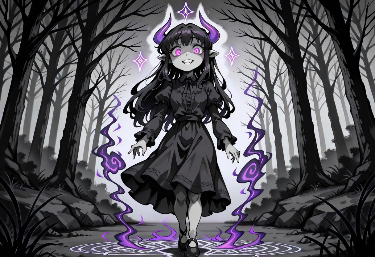 lazypos, character focused, child demon girl, jagged purple horns, glowing violet eyes, eerie smile, unsettling grin, long black dress, dripping magical claws, dark misty forest, shadowy tree silhouettes, glowing runes circle, writhing shadow tendrils, grayscale color palette, purple magic accents, gothic horror atmosphere, creepy anime style, low fog ground, cursed forest floor, haunting composition, ominous lighting, supernatural presence, eipelppastyle