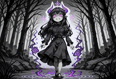 lazypos, character focused, child demon girl, jagged purple horns, glowing violet eyes, eerie smile, unsettling grin, long black dress, dripping magical claws, dark misty forest, shadowy tree silhouettes, glowing runes circle, writhing shadow tendrils, grayscale color palette, purple magic accents, gothic horror atmosphere, creepy anime style, low fog ground, cursed forest floor, haunting composition, ominous lighting, supernatural presence, eipelppastyle