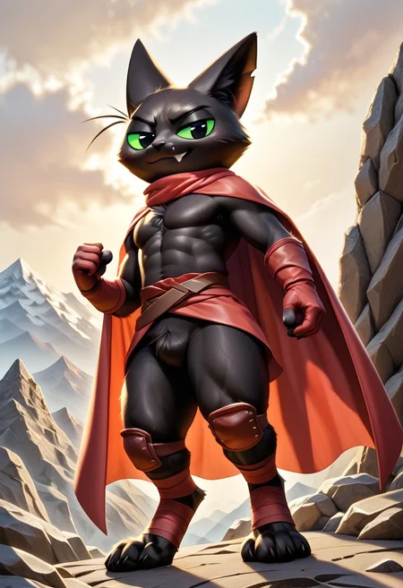 score_9, score_8_up, score_7_up, solo male, (noseless:1.2), MaoMao, cat, black body, black fur, scut tail, body fur, animal ears, black pupils, green sclera, coloured sclera, anthro, whiskers, (haramaki:1.2), (red cloth belt:0.8), red cape, red gloves, red foot wraps, knee pads, smile, half-closed eyes, smug, smirk, single fang, featureless crotch, shortstack, thick thighs, on one leg, chibi, chest tuft, perfect hands, full-length portrait, outside, sunset, backlighting, heroic pose, dynamic, raised hand, wide stance, mountain, rock, (low-angle view,:1.1) cloud, looking at viewer, windy, fluttering cape, windblown cape, digitigrade, 
BREAK
RBE, highres, Masterpiece, perfect lighting, zPDXL3, detailed background