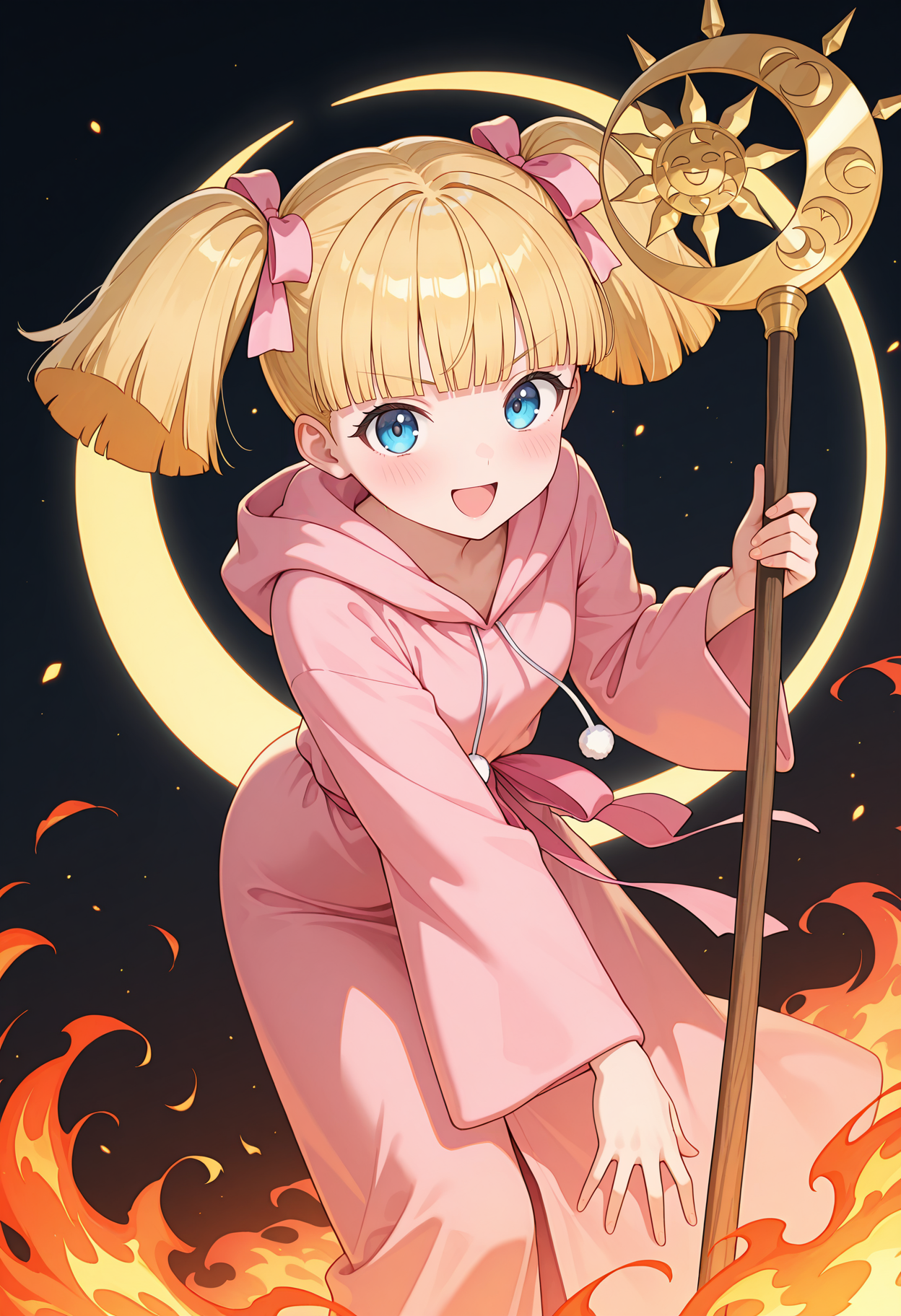 highres, best quality, masterpiece, magic, fire, light particles,
1girl, solo, rurupom, short twintails, blonde hair, blue eyes, blunt bangs, pink ribbon, hair ribbon,
hood, pink robe,
holding staff, sun symbol, crescent,
looking at viewer, blush, smile, open mouth,
leaning forward, dynamic pose, action pose, serious,
<lora:_ruru_comupom-elesico-ilxlE:1>