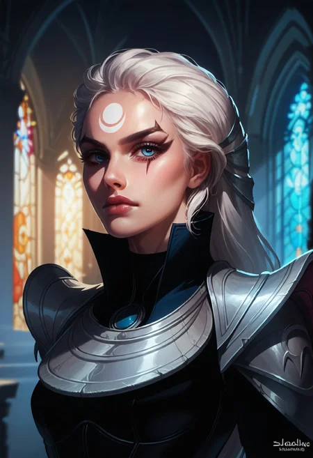 score_9, score_8_up, score_7_up, 8k, portrait, upper body, concept art twilight, vintage illustration, eye catching,
1girl, solo, female, clothes, Diana, white hair, beautiful, pale-blue eyes,
dynamic pose, medieval, armor, in a cathedral, gothic stained glass windows, beautifully backlit, depth of field:1.5, indirect lighting:1.3, high contrast shadows, dramatic shadows across face:1.2, cinematic lighting on face, cowboy hat,