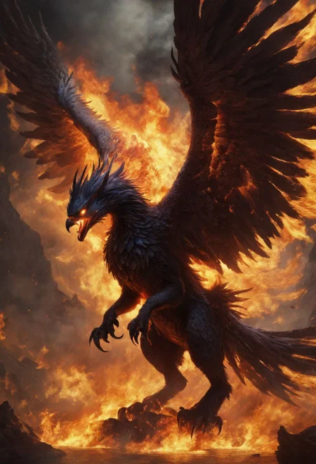 Epic level composition, phoenix-like monsters ,fire, flame, epic, badass,dark, horror, cataclysmic, absurdres, best quality, realistic style