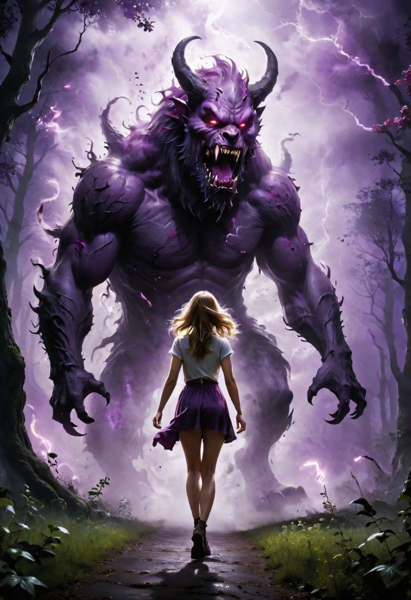 a beautiful white girl is walking through the park at night, She senses that something is following her, (behind her appearing from the shadowy mist is a scary beast, she tries to run away from the beast, the beast has hold of her arm, purple DEVIL SPAWN