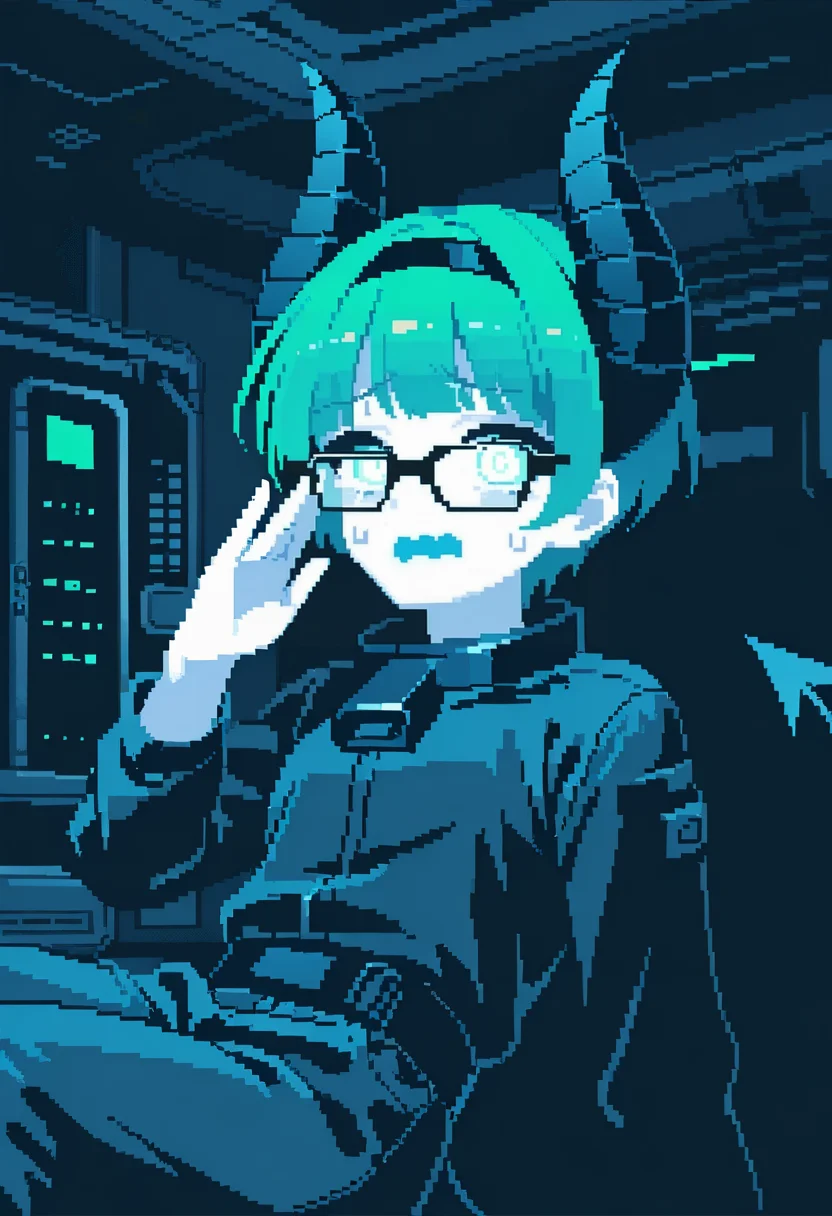1girl, (demon girl), devil horns, demon tail,  , (white skin, colored skin),  green hair,  short hair, pointy hair,    white eye,     
BREAK   1girl, hand up,      wavy mouth,   
BREAK                   hairband, framed eyewear, thick space suit,  in space station,   viewfinder,   
BREAK general,  (boko \(maniacpurple\):1.15),  (tsuchibayashi makoto:0.7),  (fuju:0.55),  (engo \(aquawatery\):0.7), (pixel art:1.25), limited palette,      masterpiece, best quality, absurdres, highres, newest, <lora:ponyv6_noobV1_2_adamW:0.7>, <lora:Unstable_v1.0:0.4>