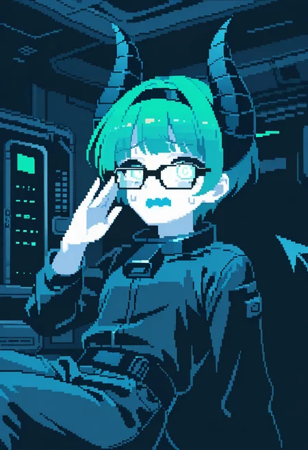 1girl, (demon girl), devil horns, demon tail,  , (white skin, colored skin),  green hair,  short hair, pointy hair,    white eye,     
BREAK   1girl, hand up,      wavy mouth,   
BREAK                   hairband, framed eyewear, thick space suit,  in space station,   viewfinder,   
BREAK general,  (boko \(maniacpurple\):1.15),  (tsuchibayashi makoto:0.7),  (fuju:0.55),  (engo \(aquawatery\):0.7), (pixel art:1.25), limited palette,      masterpiece, best quality, absurdres, highres, newest, <lora:ponyv6_noobV1_2_adamW:0.7>, <lora:Unstable_v1.0:0.4>
