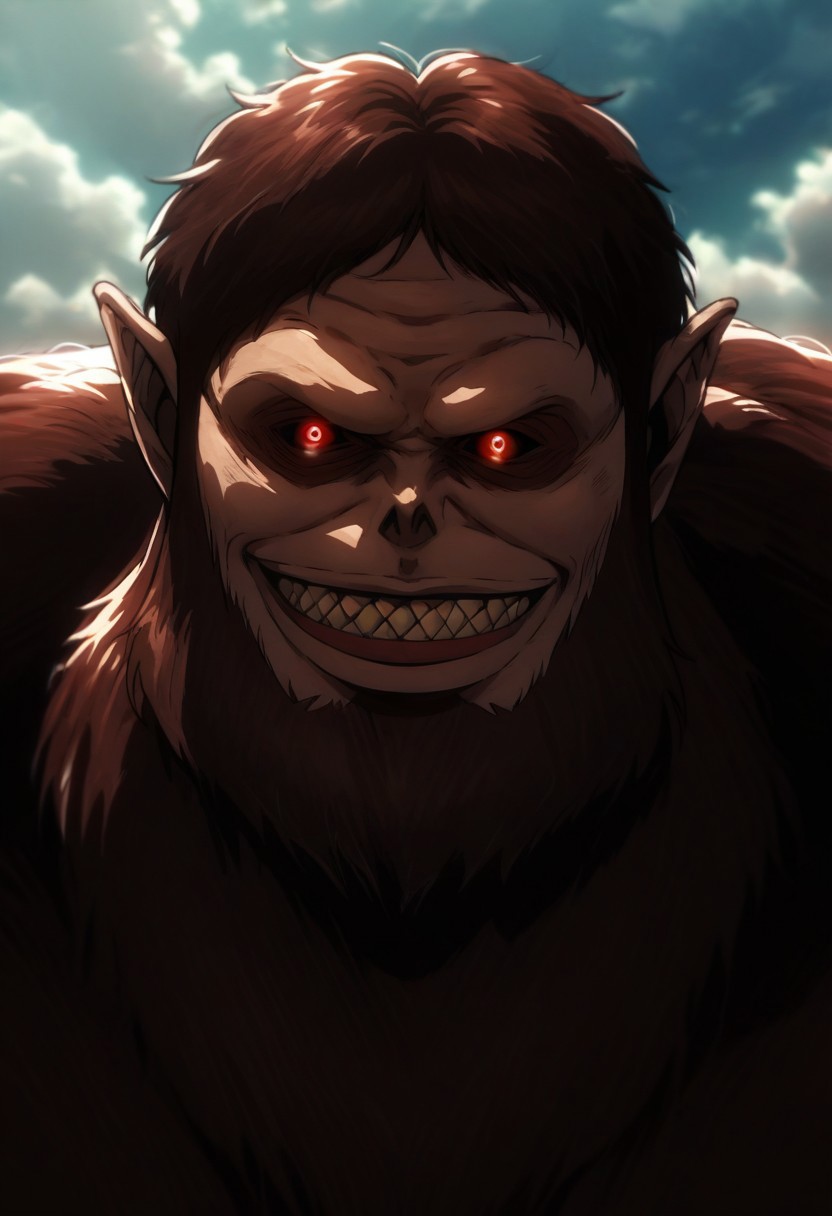 score_9, score_8_up, score_7_up, source_anime, solo, 1boy, be@st_titan, monster ape, pointed ears, titan, brown fur, black sclera with glow red pupils, sharph teeth, smirk, portrait, sky,