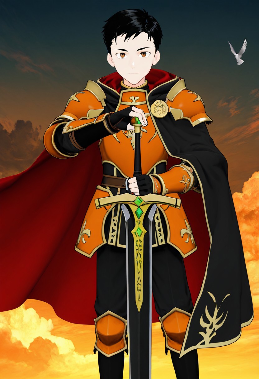 harmard, black hair, short hair, brown eyes, 1boy, solo, solo focus, young, youthful, he is dressed in a suit of dark iron platemail. Break. his right hand is holding up a black coloured sword, Properly holding the sword by the hilt, right hand up, brandishing a sword, his armour bears a crest of a yellow dove. fantasy armour. stylized silver dove emblems and symbols on armour and sheild. Break. epic background is a a beautiful palace. a strong wind is blowing his cape, orange coloured armour, ready to fight pose, dawn sky in the background