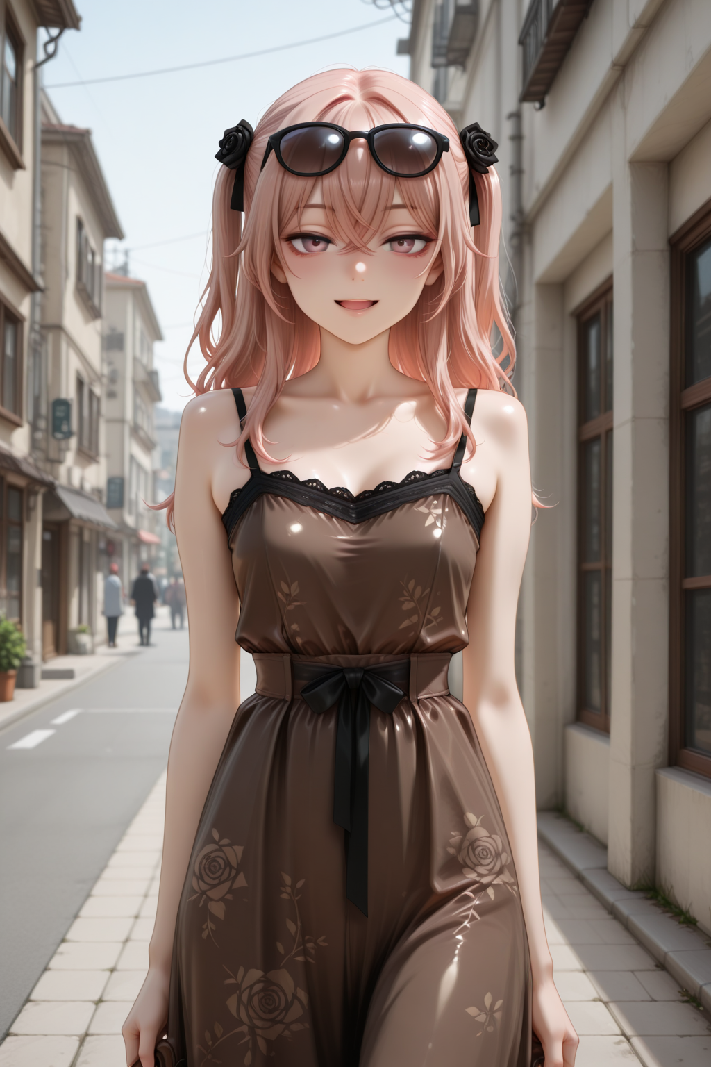 masterpiece, best quality, amazing quality, 1girl, solo, makeup, general, looking at viewer, blush, cowboy shot, smile, boutique, outsoors, road, day, sunlight, sky, building, smile, seduce, seductive smile, (eyewear on head), open mouth, holding brown bag, <lora:sajuna-inui-s1-illustriousxl-lora-nochekaiser:1>, sajuna inui, inui sajuna, long hair, bangs, hair ornament, hair between eyes, pink hair, pink eyes, two side up, crossed bangs, black flower, black rose, mature female, small breasts, <lora:Mocha_Petal_Dress:1>, Mocha_Petal_Dress, dress, bare shoulders, sleeveless, bare arms, floral print, spaghetti strap, brown dress, shiny clothes, long dress, <lora:wai-2Rectified-V140:1>, <lora:illustrious_noobai_epsilon_pred_1_masterpieces_v1:1>