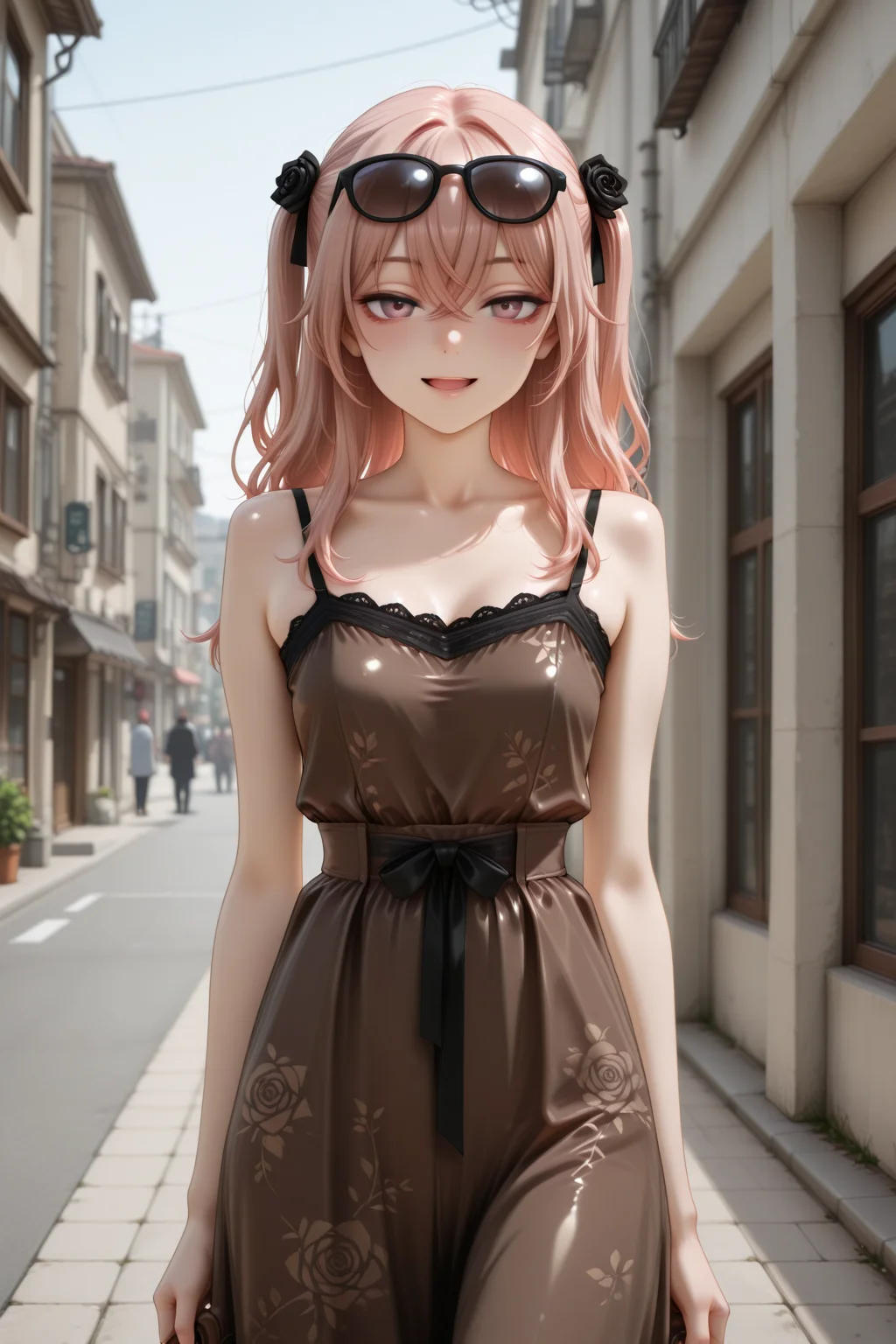 masterpiece, best quality, amazing quality, 1girl, solo, makeup, general, looking at viewer, blush, cowboy shot, smile, boutique, outsoors, road, day, sunlight, sky, building, smile, seduce, seductive smile, (eyewear on head), open mouth, holding brown bag, <lora:sajuna-inui-s1-illustriousxl-lora-nochekaiser:1>, sajuna inui, inui sajuna, long hair, bangs, hair ornament, hair between eyes, pink hair, pink eyes, two side up, crossed bangs, black flower, black rose, mature female, small breasts, <lora:Mocha_Petal_Dress:1>, Mocha_Petal_Dress, dress, bare shoulders, sleeveless, bare arms, floral print, spaghetti strap, brown dress, shiny clothes, long dress, <lora:wai-2Rectified-V140:1>, <lora:illustrious_noobai_epsilon_pred_1_masterpieces_v1:1>