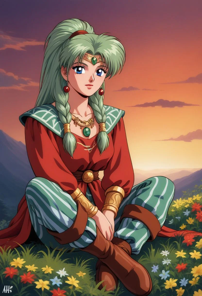 A character concept art of a female fantasy archer in colorful striped pants, sitting on the backrest and holding her bow, celtic, jewelry, retro artstyle
