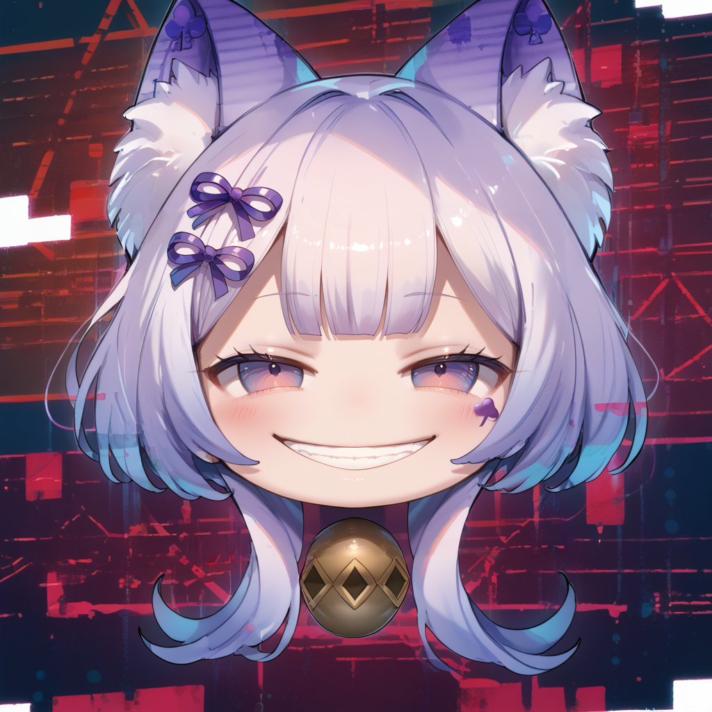 (score_9:0.9),score_8_up,score_7_up,rating_safe,anime_style,(zPDXL),(zPDXL3),((solo)),<lora:MALICE Pawn Cheshire Cat ponyXL v1.31:0.85>,chibi,((glitch)),(disembodied head:1.4),mâlice pawn cheshire cat, smile, glitch, grin, looking at viewer, neck bell, evil smile, teeth, facial mark, parody, character head stickers, chibi,  meme, 1girl, half-closed eyes,
