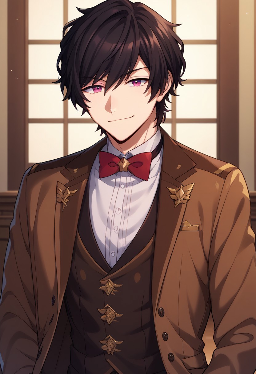 score_9, score_8_up, score_7_up, source_anime, highly detailed, 
faithbeams, 1boy, male focus, bowtie, solo, black hair, bow, smile, looking at viewer,
red bow, holding, brown jacket, red bowtie, vest, upper body,
jacket, pink eyes, long sleeves, brown vest, purple eyes, formal,
indoor, party