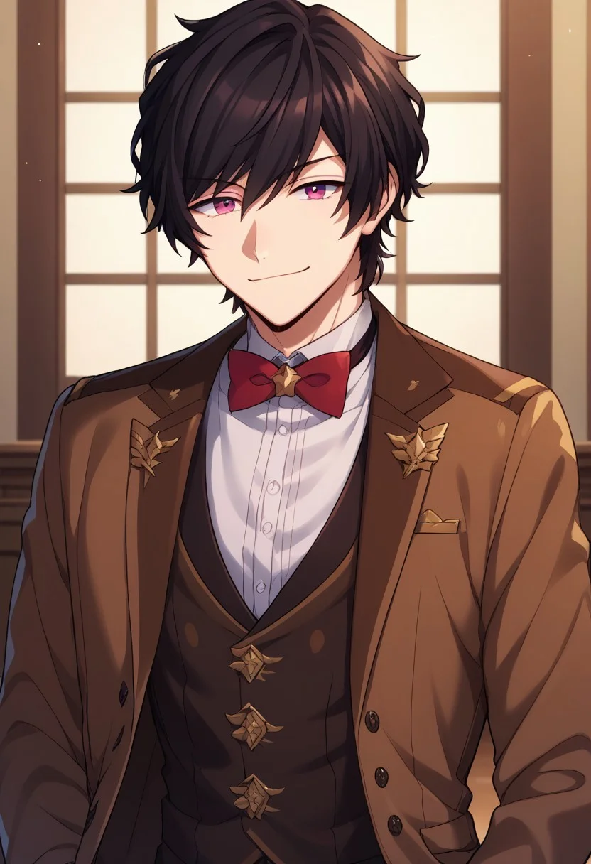 score_9, score_8_up, score_7_up, source_anime, highly detailed,
faithbeams, 1boy, male focus, bowtie, solo, black hair, bow, smile, looking at viewer,
red bow, holding, brown jacket, red bowtie, vest, upper body,
jacket, pink eyes, long sleeves, brown vest, purple eyes, formal,
indoor, party