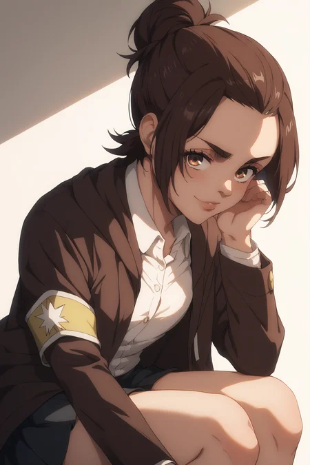score_9, score_8_up, score_7_up, BREAK source_anime, <lora:gabi braun-PonyXL-lora-Faxtron:0.8> gabi braun, brown eyes, brown hair, single hair bun, black dress, jacket, loafers,