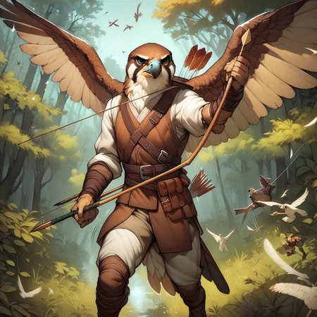 score_9, score_8_up, score_7_up, score_6_up,anthro, falcon, clothes, brown and white feathers, archer, bow, quiver, arrows, outdoors, forest, shooting, motion lines, cartoony, drawing, detailed, <lora:Anthro_birds_for_pony_-_2:0.9>