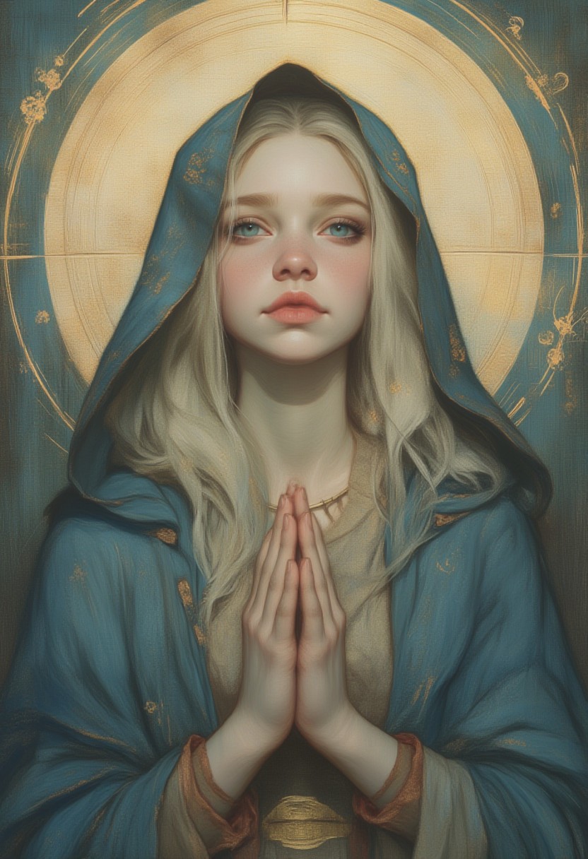 OBxiaoxiang,
 beauty, minimal moody portrait of  1girl, solo, 18 year old, virgin Mary, sky blue mantle, golden veil, ice blue eyes, medium blonde hair, long hair, pale skin, coy, small smile, blush, head to toe portrait, cute pose, coy, red lipstick, dramatic eye shadow, posing, divine, magic circle background, medium size tits, petite ,small hips, detailed eyes,), astral glowing aura, artistic, masterpiece, cinematic magic art dynamic pose, abstract expressionism mannerism, lights and shadows, glowing sparks,