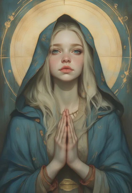 OBxiaoxiang,
beauty, minimal moody portrait of 1girl, solo, 18 year old, virgin Mary, sky blue mantle, golden veil, ice blue eyes, medium blonde hair, long hair, pale skin, coy, small smile, blush, head to toe portrait, cute pose, coy, red lipstick, dramatic eye shadow, posing, divine, magic circle background, medium size tits, petite ,small hips, detailed eyes,), astral glowing aura, artistic, masterpiece, cinematic magic art dynamic pose, abstract expressionism mannerism, lights and shadows, glowing sparks,